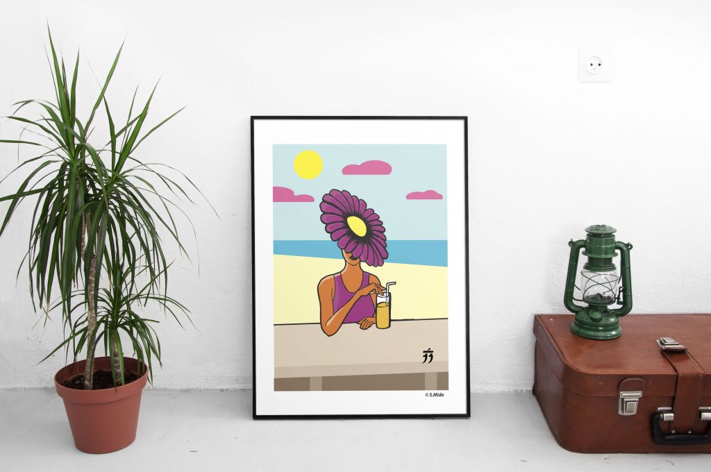 Art print of a lady wearing a purple flower hat placed on a floor.