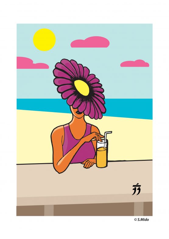 Lady drinking at the beach